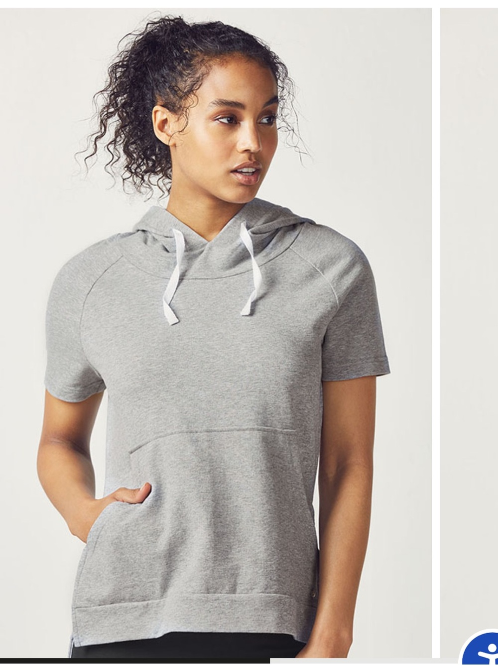 Fabletics Heather Gray Short Sleeve Hoodie with White Drawstrings sz L